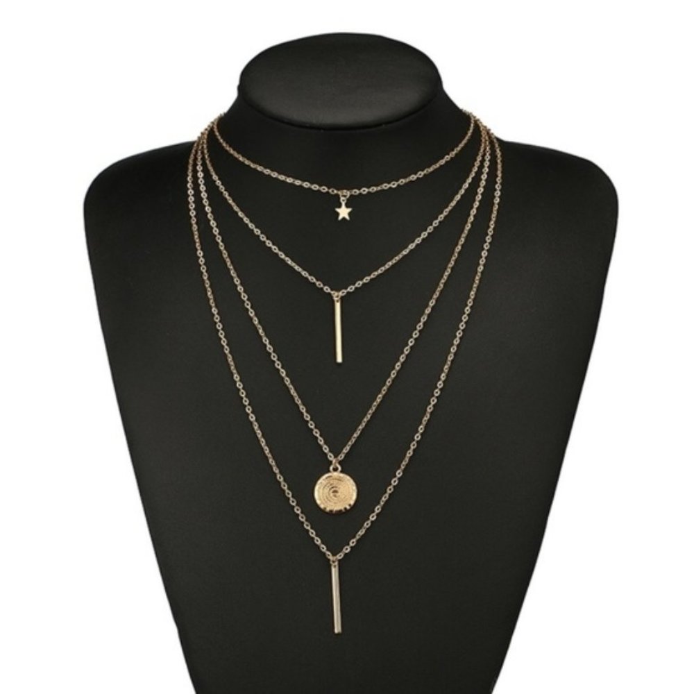 Dainty Multilayered Coin Bar Star Necklace - Picture 2 of 4